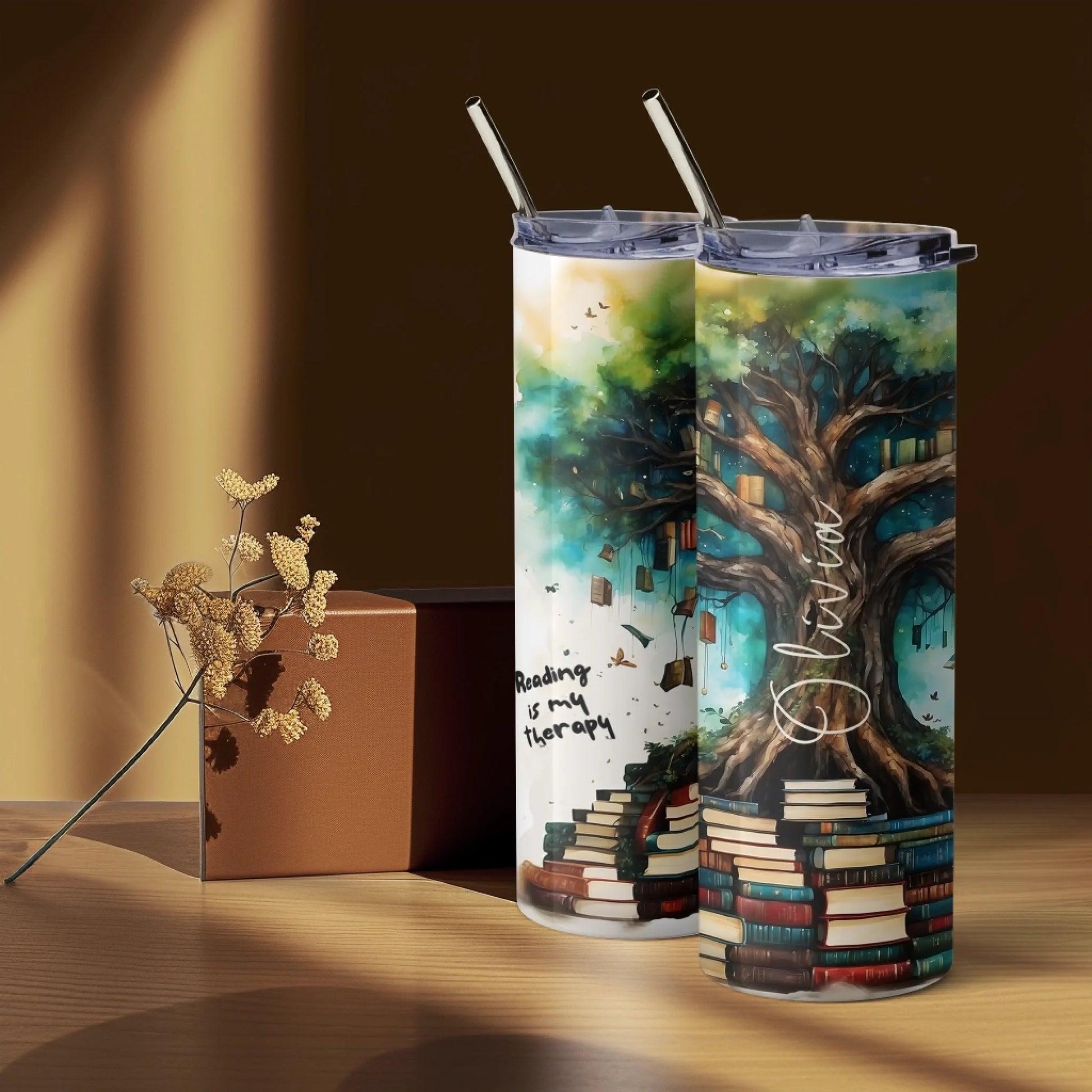 white travel cup with book print
