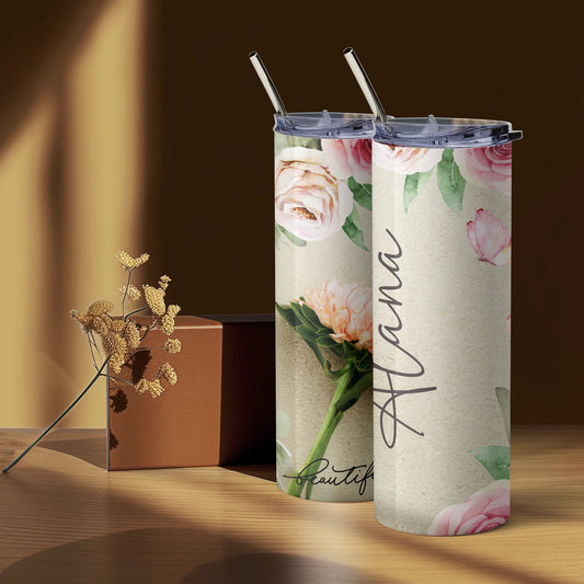 Personalised pink floral insulated travel cup