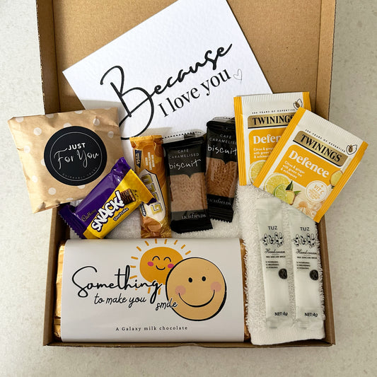 Sunshine gift box UK with chocolate treats and pamper goodies