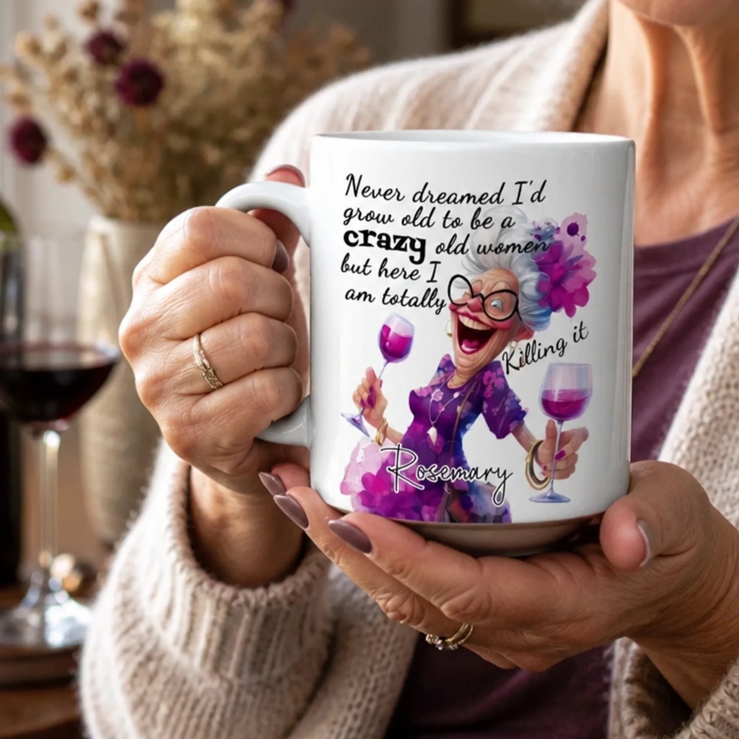 Funny wine lover mug customised with name for Mum or Nan