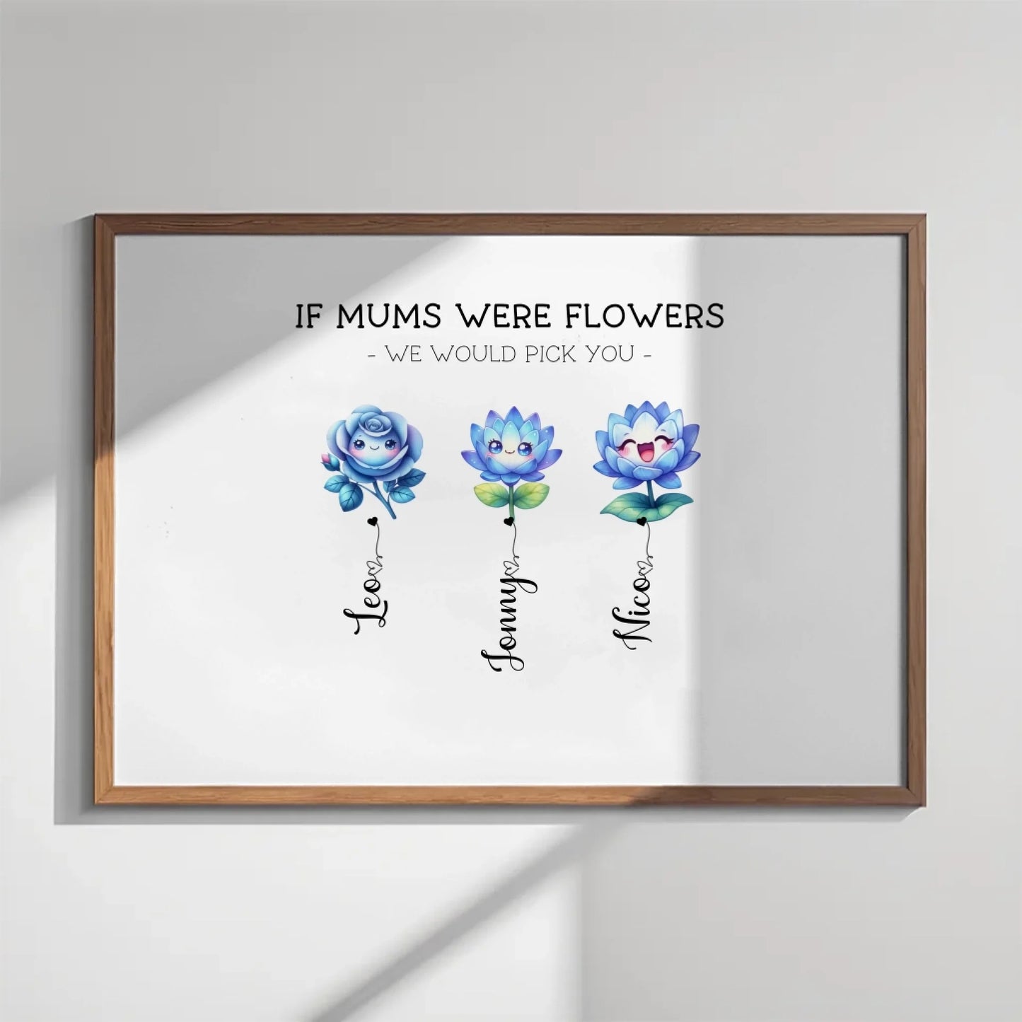 Blue family flowers family of 3 family gifts custom flower artwork