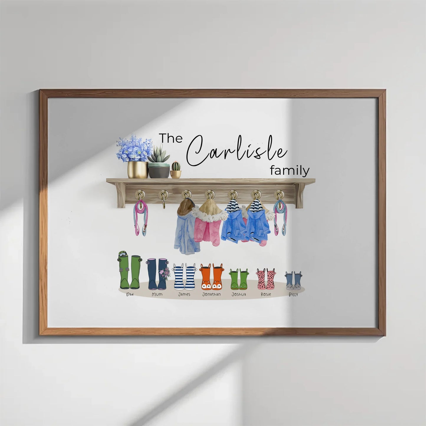 Custom print featuring wellies, pet leads and names