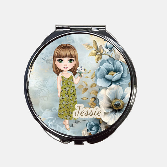 Blue floral compact mirror with name