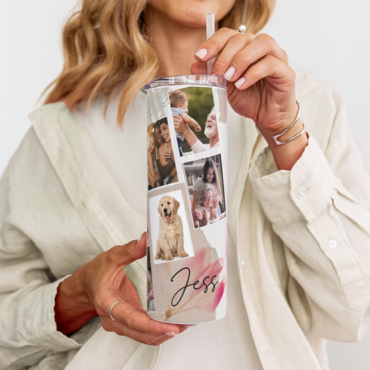 Floral design insulated travel cup with personal photo