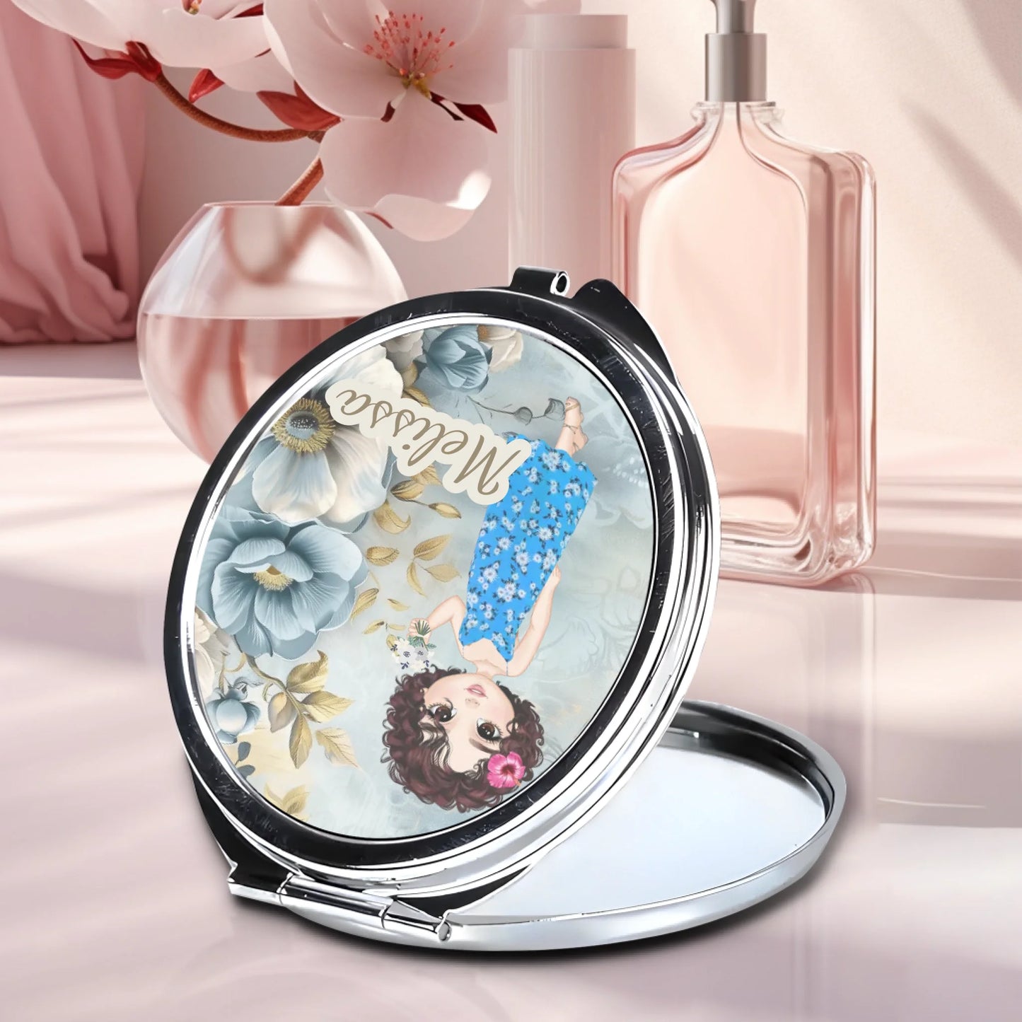 Floral handbag mirror personalised with custom cartoon lady
