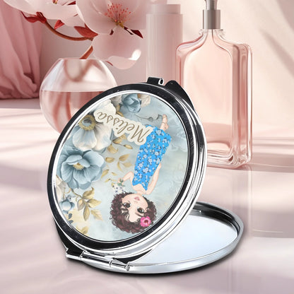 Floral handbag mirror personalised with custom cartoon lady