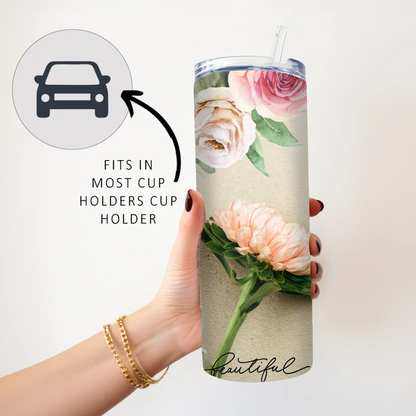 Reusable insulated travel cup with flowers