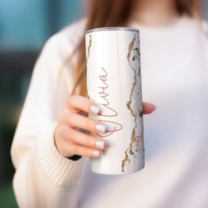 Personalised insulated mug with name in dusky pink, floral design