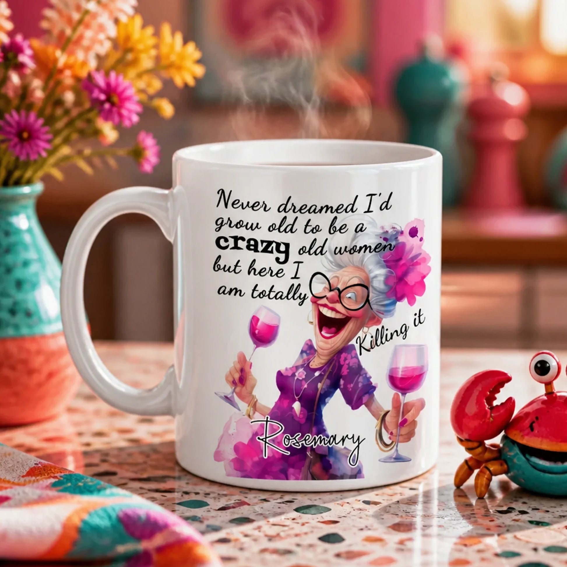 Funny personalised Crazy Old Woman mug with wine glasses