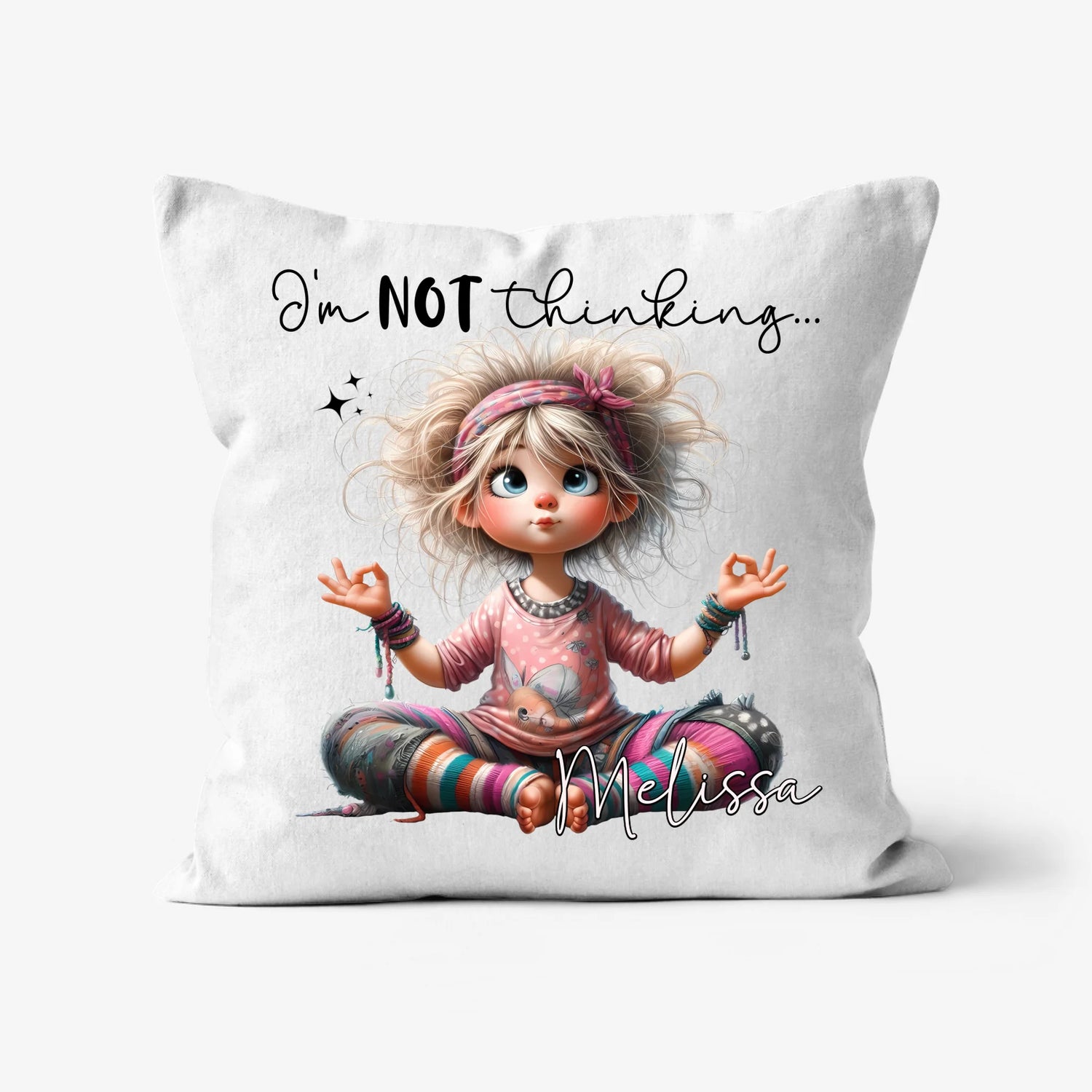 Funny meditation cushion with quirky woman