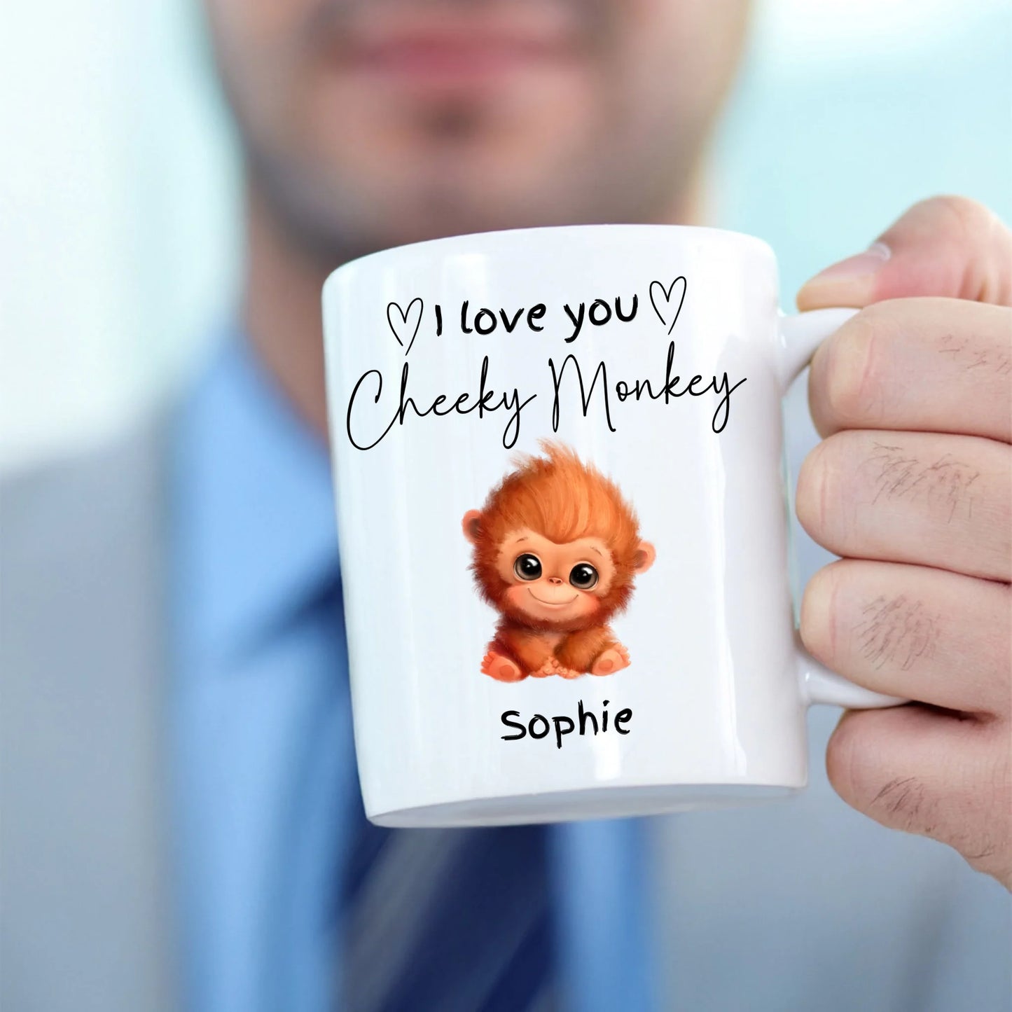 Funny couple mug with monkey illustration and custom name