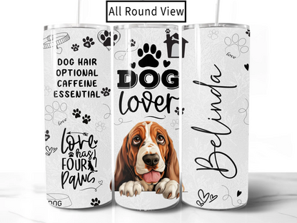 Three tumblers with dog-themed designs on a white background