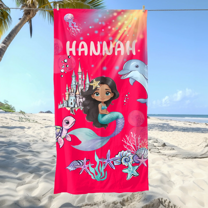 Personalised mermaid beach towel with name
