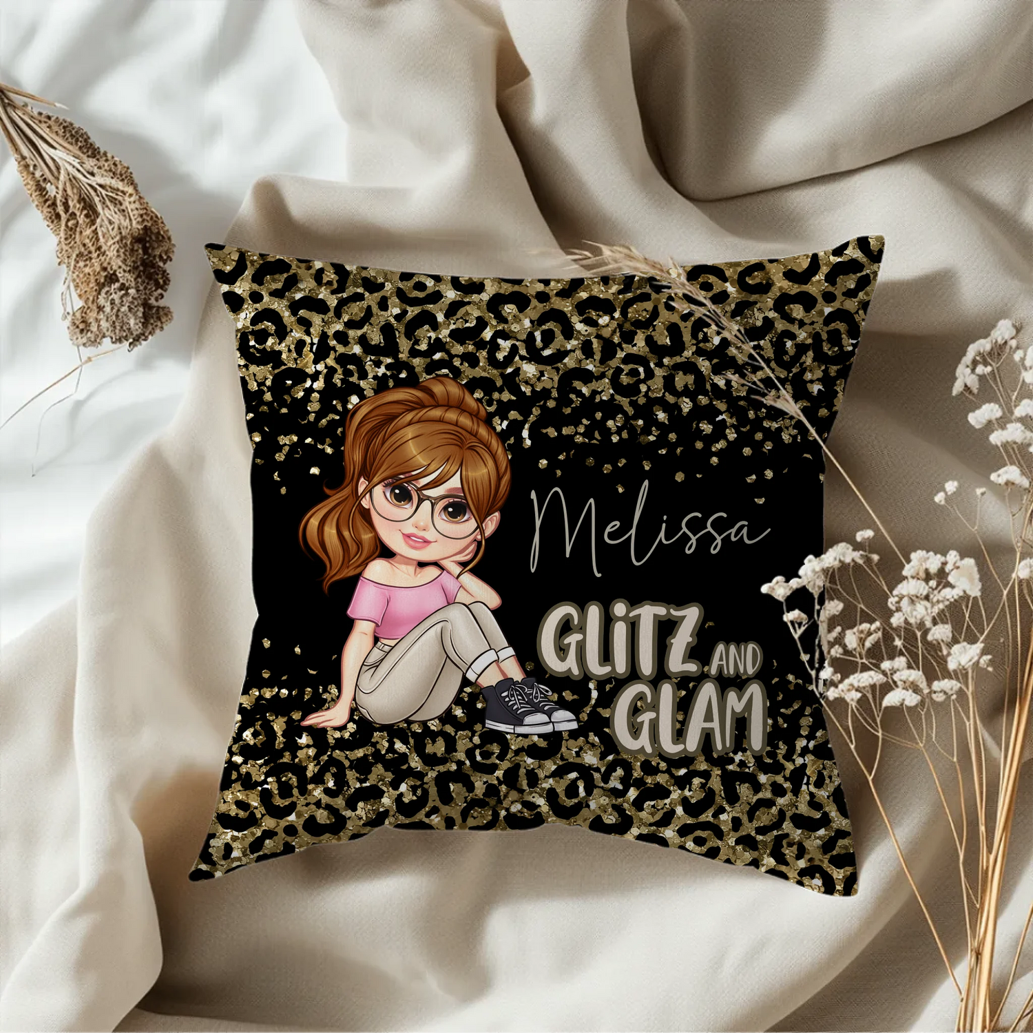 Personalised Glitz & Glam cushion with leopard print gift ideas design