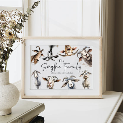 Family gift print featuring goats with personality