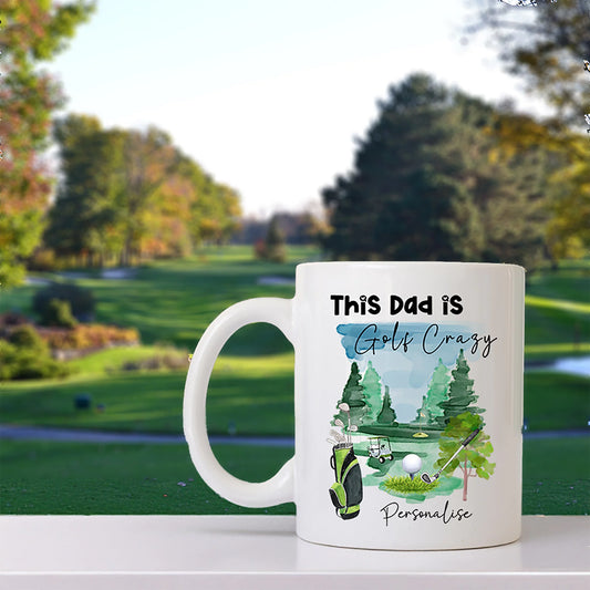 Funny golf mug for dad on windowsill with golf course view