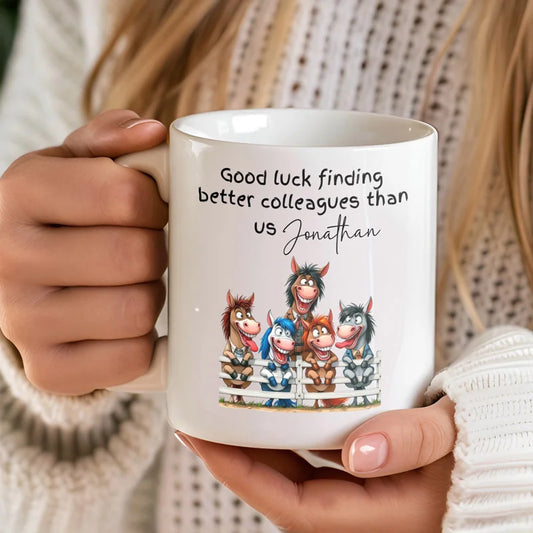 Funny leaving gift mug with custom name