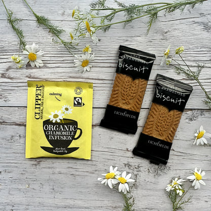 Clipper Organic Chamomile Infusion packet and Lichfields biscuit packages part of the congratulations graduation gift set