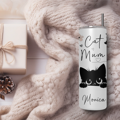 White thermal cup with black cats and hearts