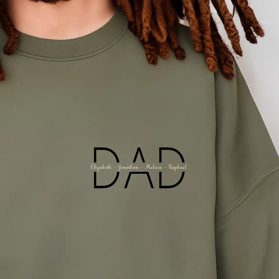 Military Green personalised dad sweatshirt with custom motiff with kids names close up