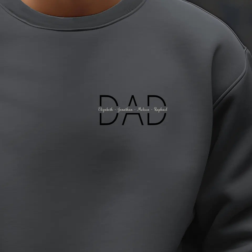 charcoal grey personalised dad sweatshirt with custom motiff with kids names close up