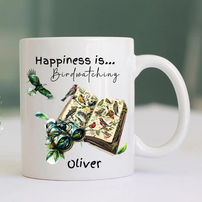 Personalised birdwatching mug with bird illustrations