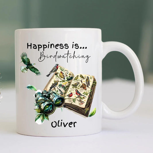 Personalised birdwatching mug with bird illustrations