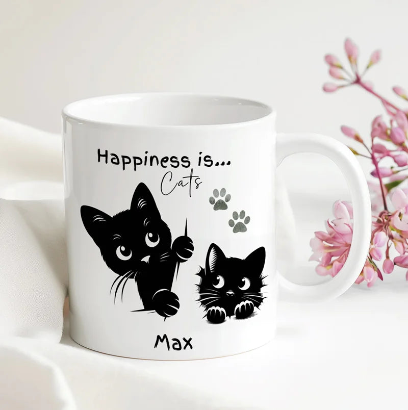 personalised Happiness is Cats mug