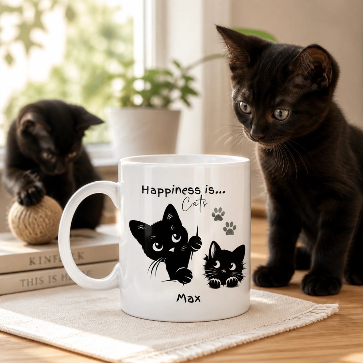 Personalised cat mug with peeking cat silhouettes and paw prints UK