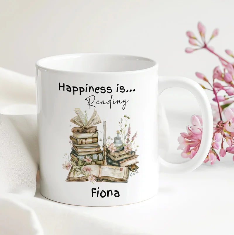 Personalised Happiness is Reading mug with books and flowers