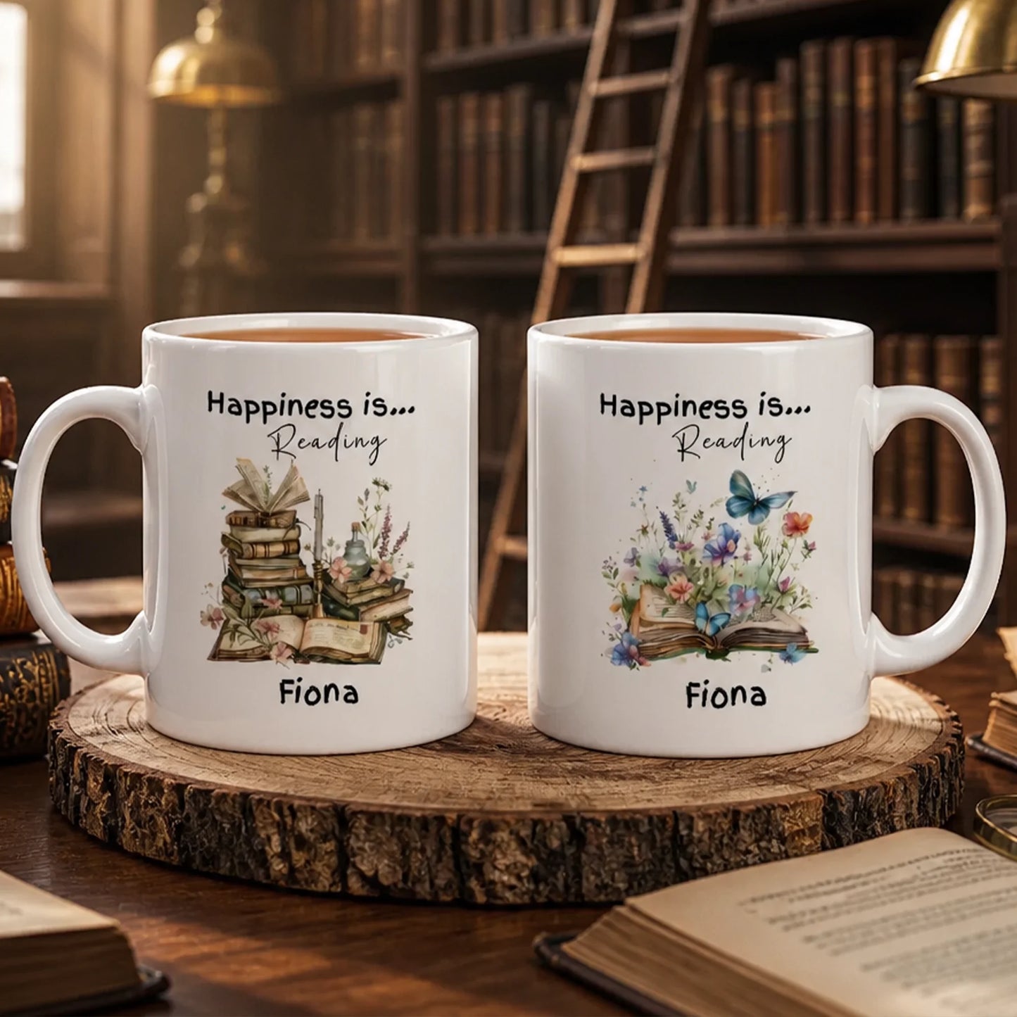 Personalised reading mug with watercolour books and flowers