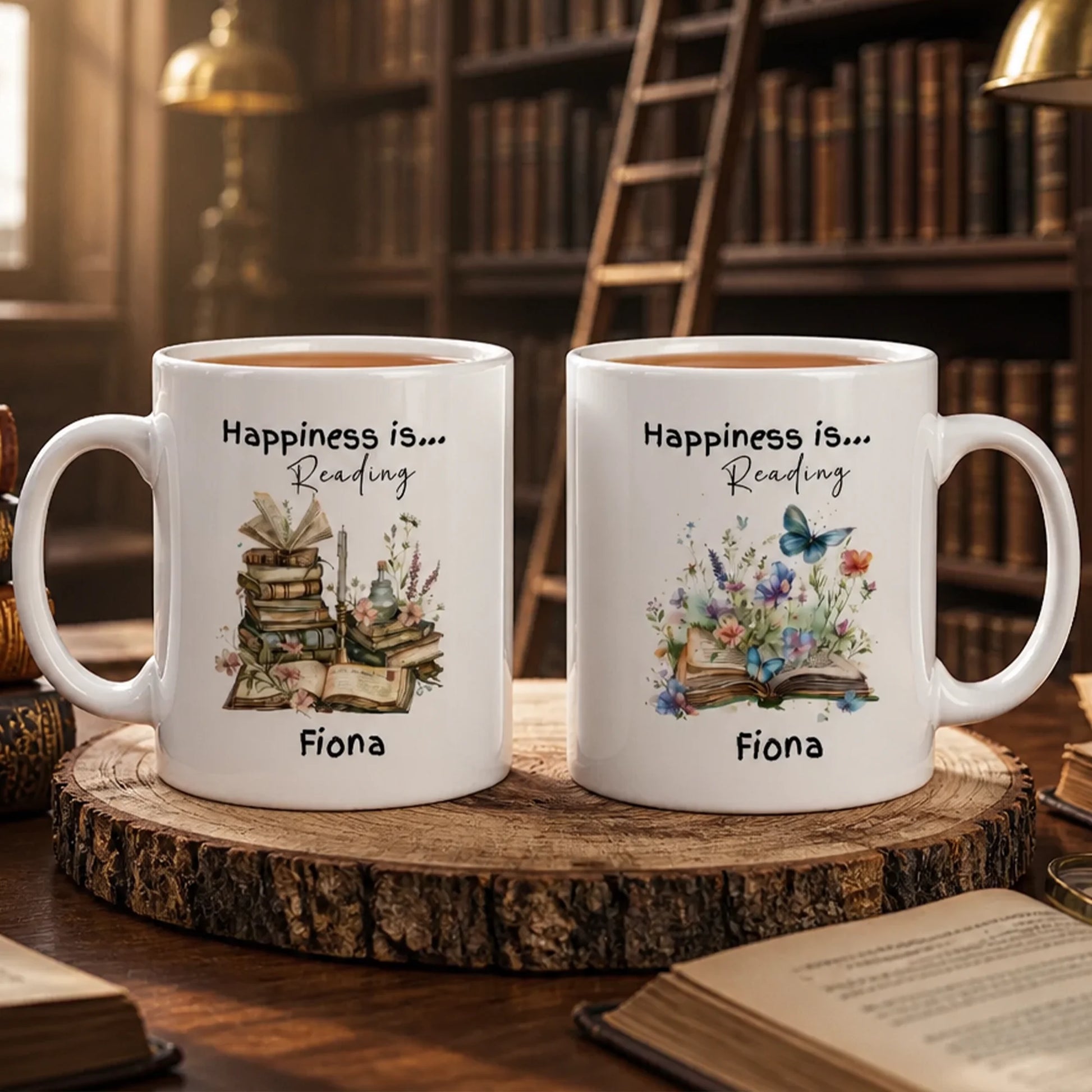 Personalised reading mug with watercolour books and flowers