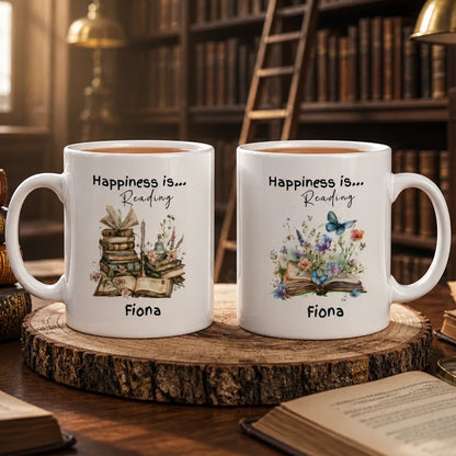 Personalised reading mug with watercolour books and flowers