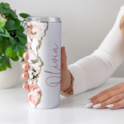 Pink Gold Insulated tumbler bottle with pretty floral design, perfect for Mum or friends