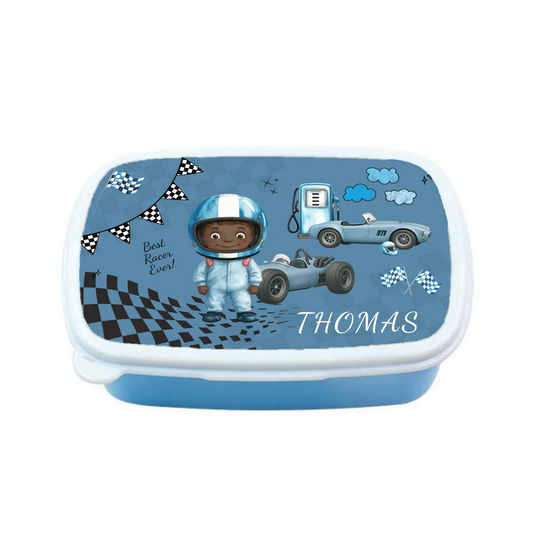 racer themed lunchbox with name
