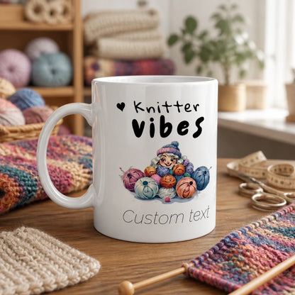 Personalised knitting mug with colourful yarn illustration