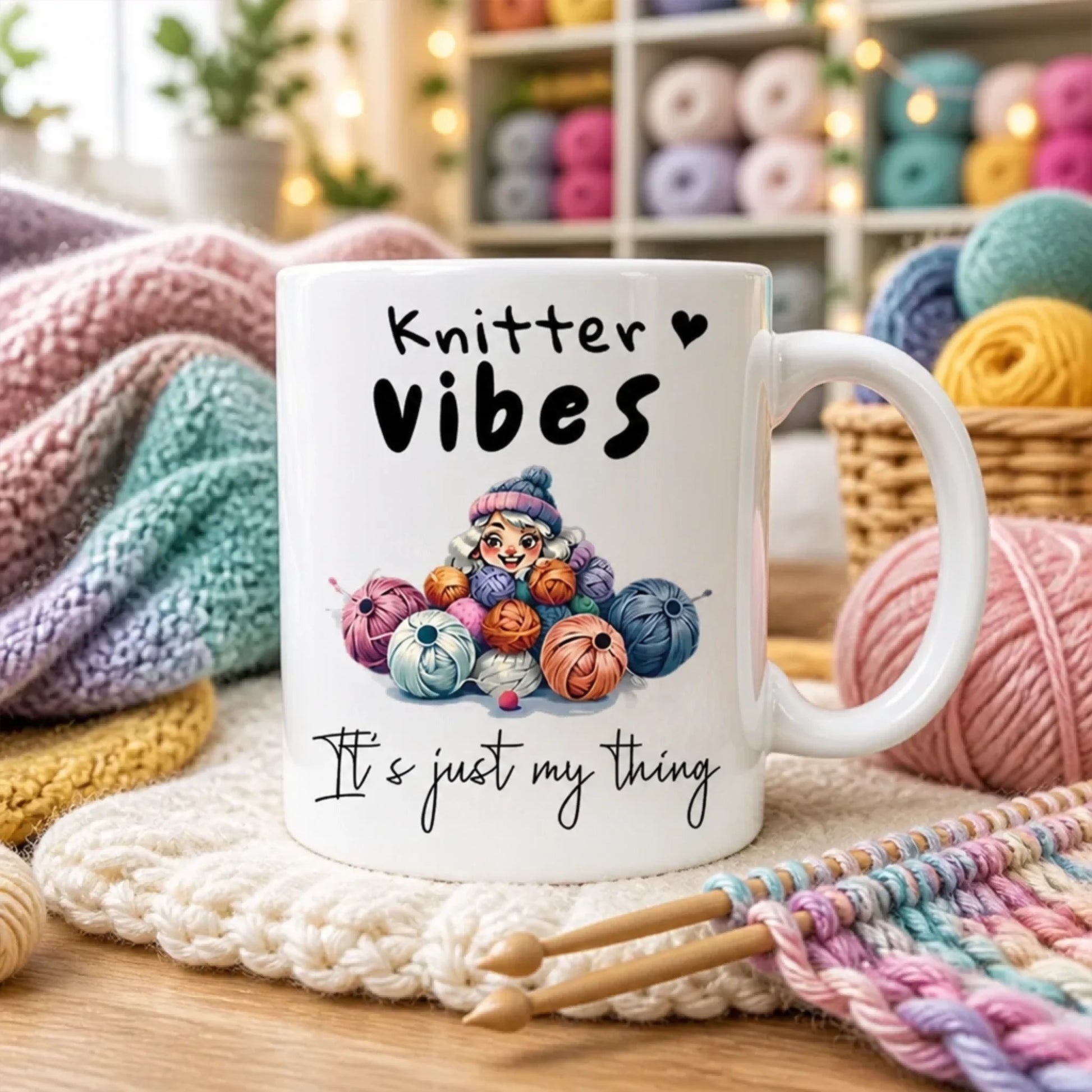 Knitters Vibes mug customised with name for yarn lovers