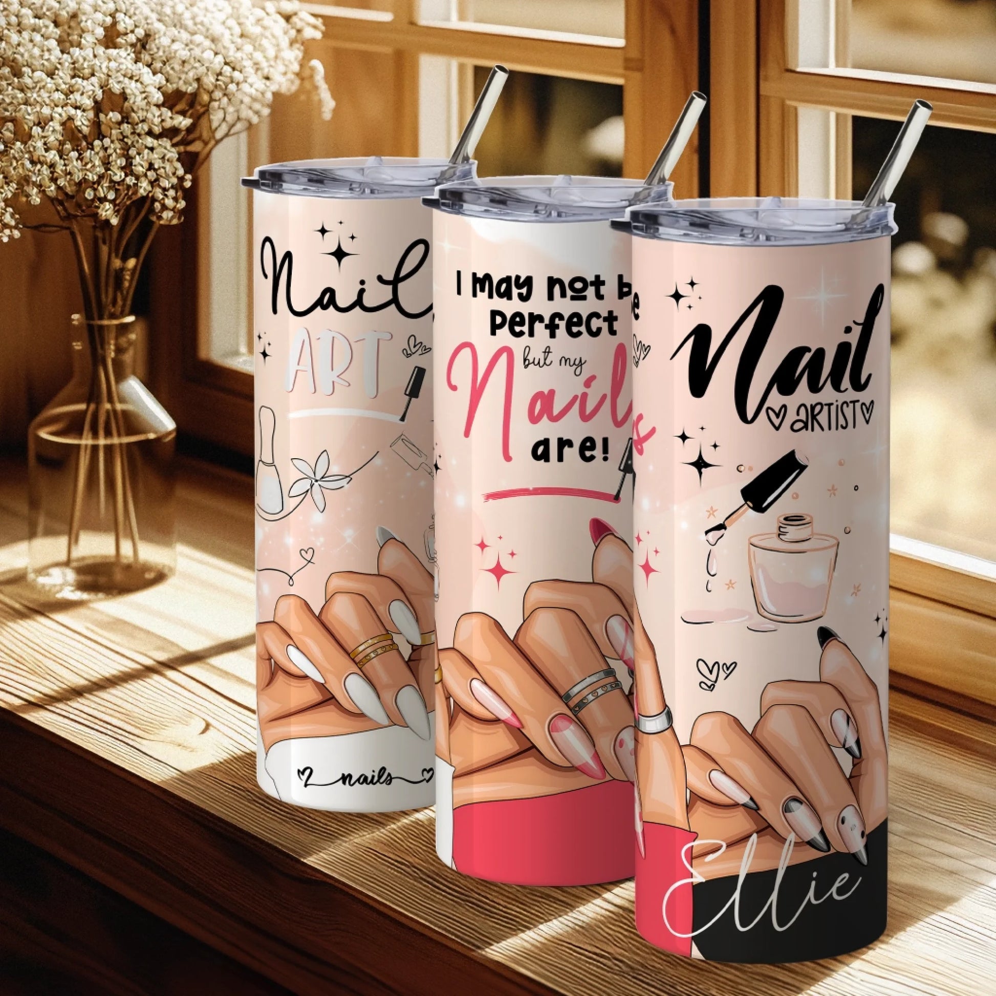 manicured hands illustration on a personalised tumbler