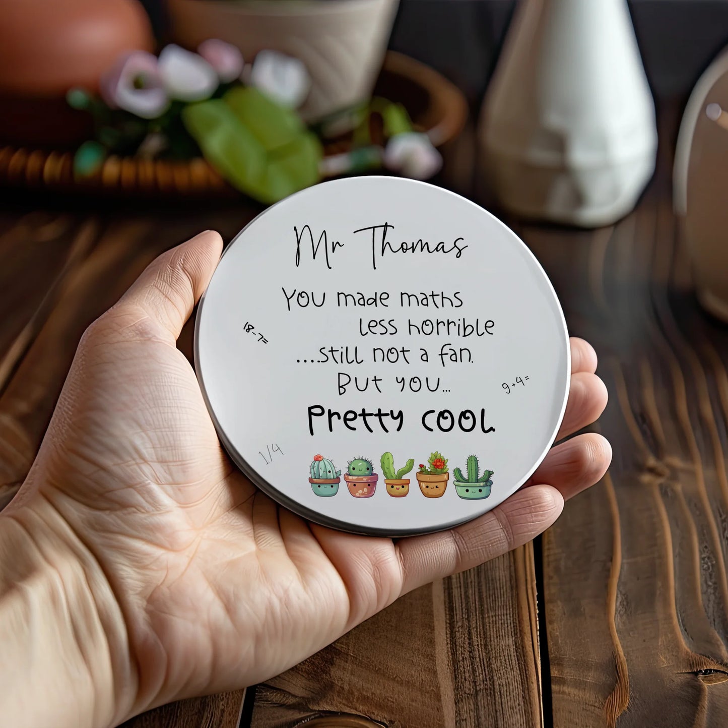 Personalised maths coaster with cactus