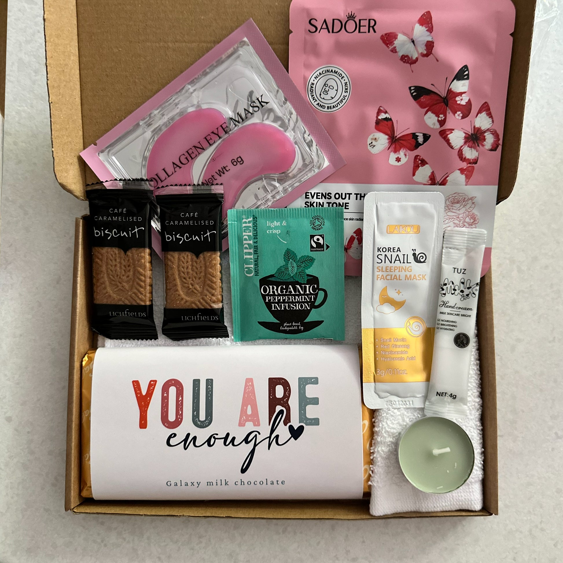 Self worth affirmation gift box UK with calming treats and message