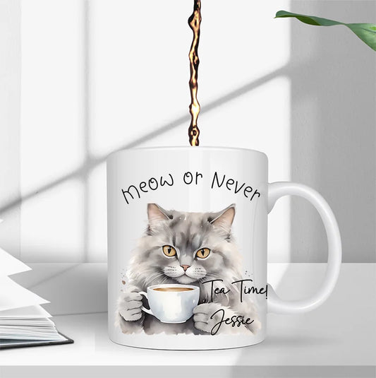 Personalised Meow or Never tea time mug