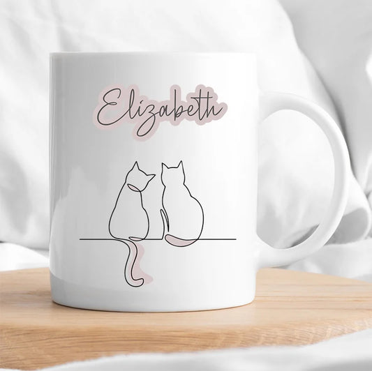 Minimalist sketch cat mug with name