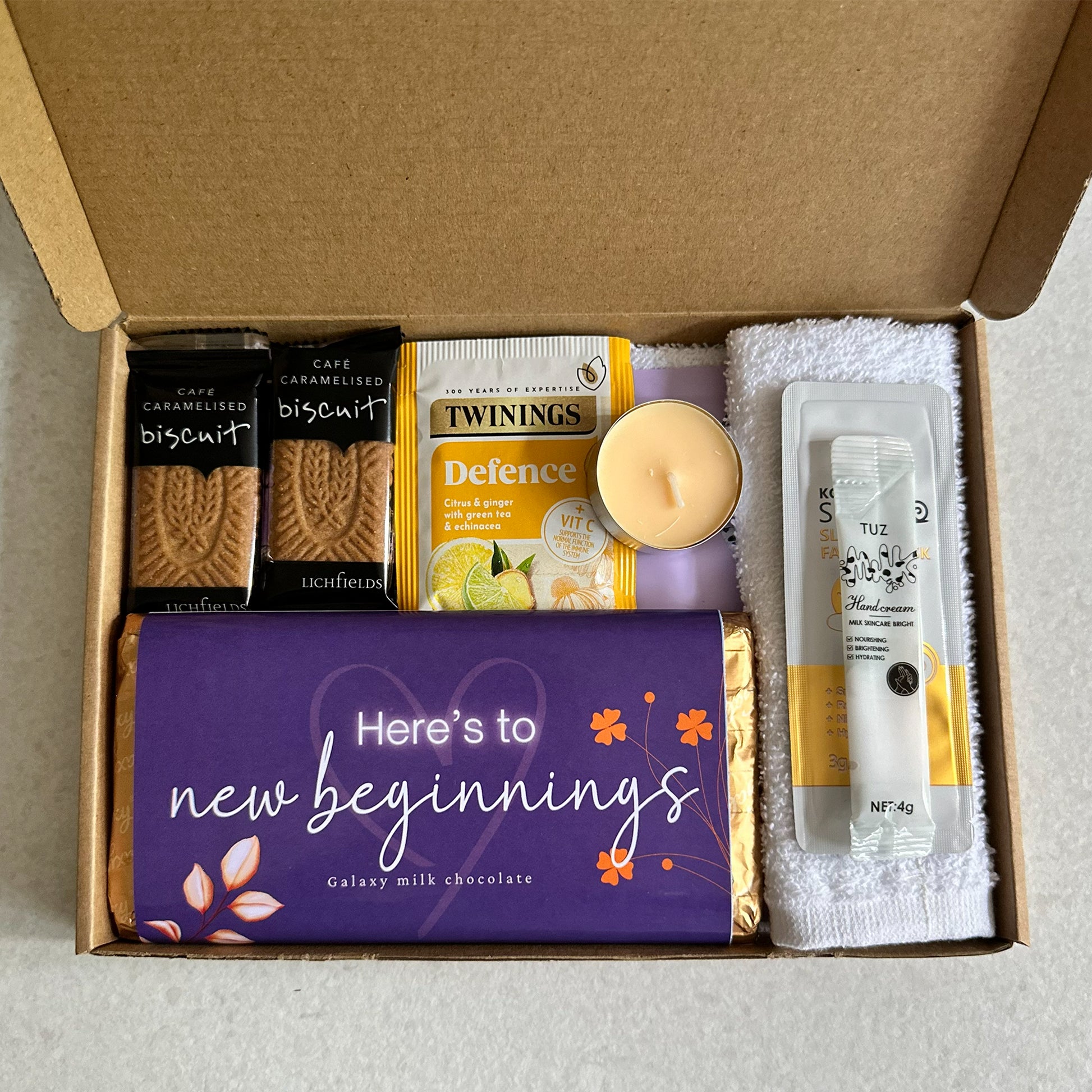 New beginnings letterbox gift UK with motivational message and treats