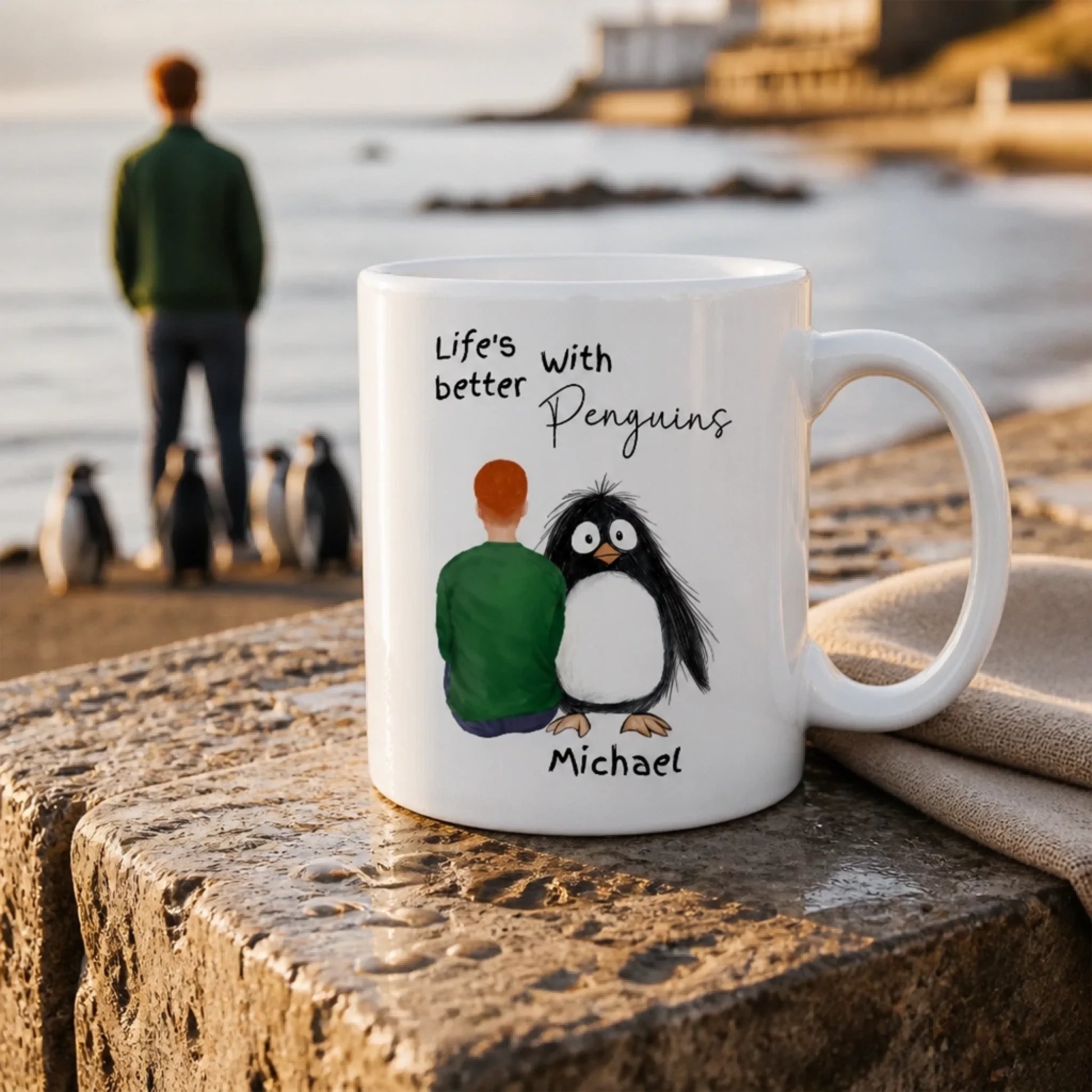 Penguin lover mug with custom character design beside penguin