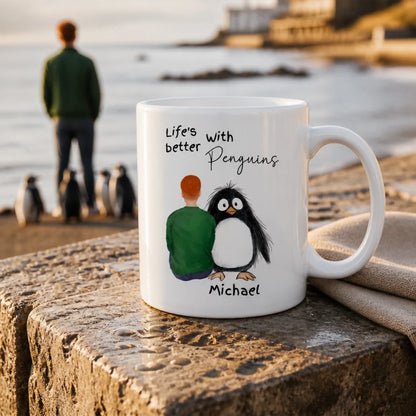 Penguin lover mug with custom character design beside penguin