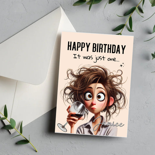 Personalised 5x7 card red wine cartoon lady