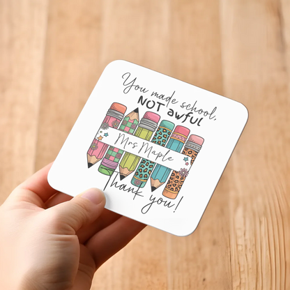 Bright pencil design coaster – thank you teacher present UK
