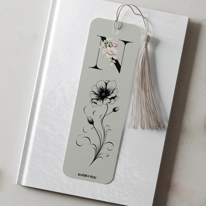 Personalised birthflower bookmark with black initial and floral design on aluminium