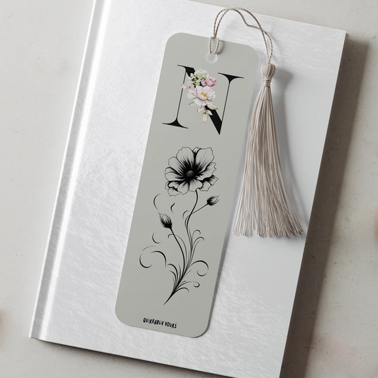 Personalised birthflower bookmark with black initial and floral design on aluminium
