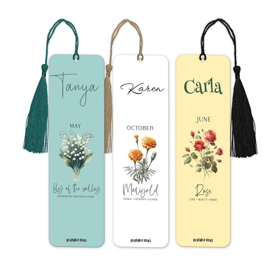Aluminium bookmark with birth month flowers and custom name in stylish font